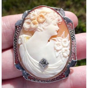 Vintage Unmarked 800 Silver Carved Carnelian Shell Cameo Glass Gem Pin Pendant