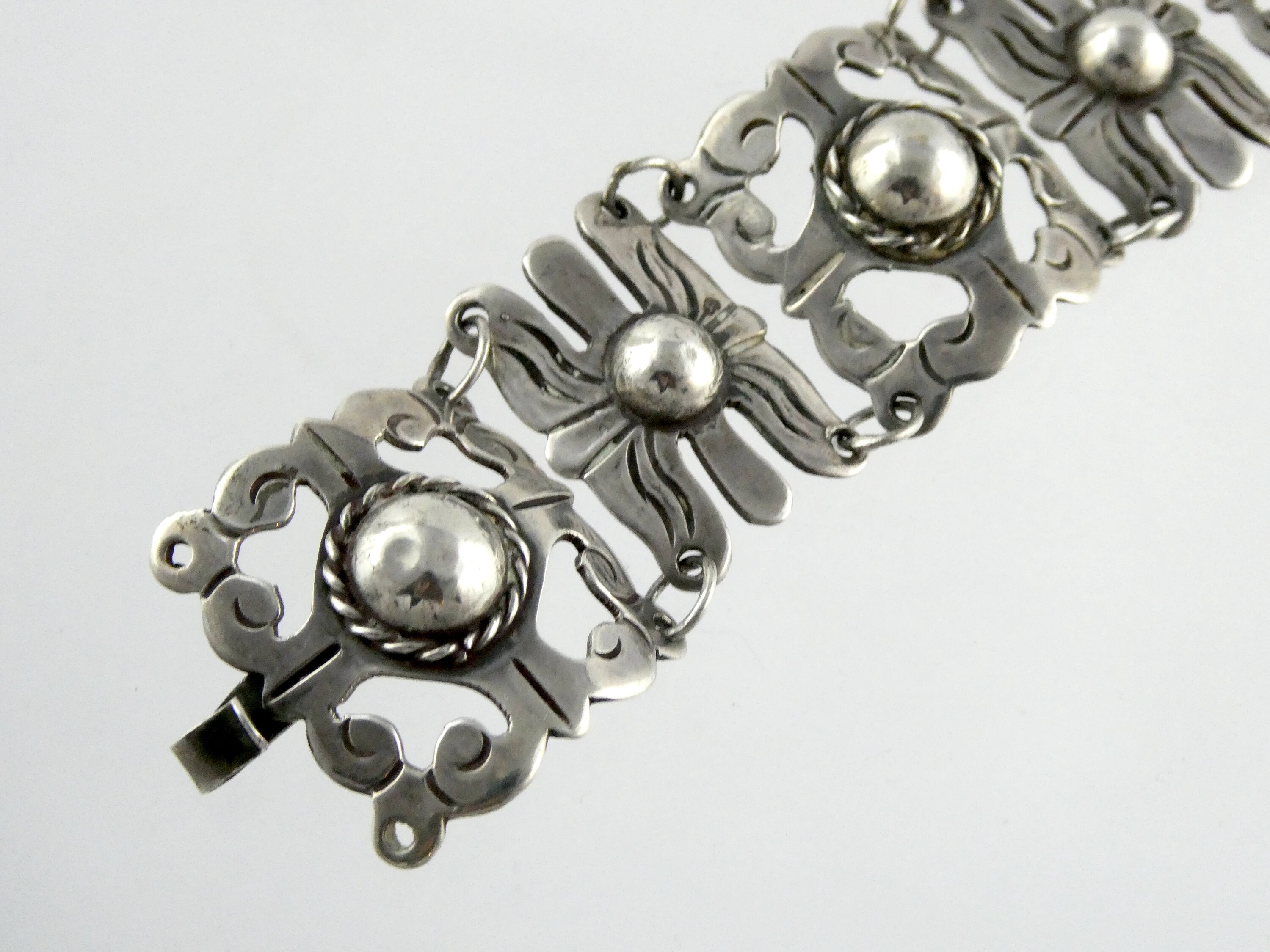 Antique Mexico Unmarked Silver Glyph Panel Bracelet 43.9g