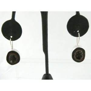 May include: A pair of silver-tone earrings featuring a dark brown, geode-like center encased in a silver bezel. The earrings hang from a simple silver hook, showcasing a natural, earthy aesthetic. The earrings are displayed on a black earring stand.