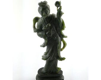 Vintage Chinese Carved Spinach Jade Immortal Woman with Base Minor Chips 6.5 In