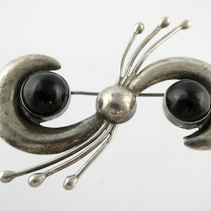 Spilla modernista Duo in argento sterling Vtg Messico con onice nero 925 11,8 g 2,5 pollici
