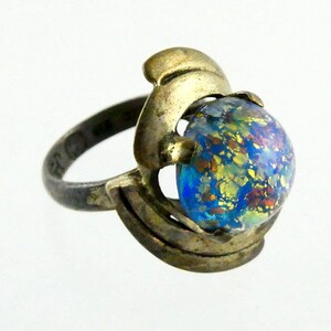 JS Mexico Sterling Silver Art Glass Cabochon Modernist Ring 925 Size 6.5 6.3g