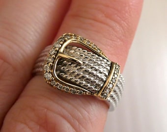Alwand Vahan 14K Gold Sterling Silver Natural Diamond Belt Buckle Ring Size 7.25