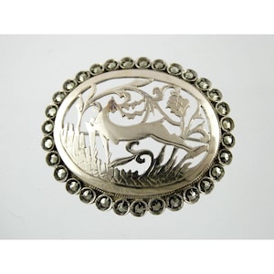 Antique Unmarked Silver and Marcasite Stag in Forest Brooch Pin Deer 7.1g 1.5 In