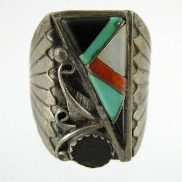 Frank Yazzie Navajo Native American Sterling Silver Multi Stone Inlay Ring Sz 9