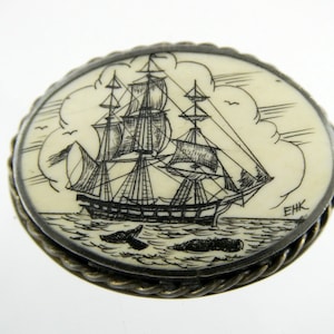 Vintage Sterling Silver Etched Schooner Ship Boat Pin or Brooch 11.5g Signed