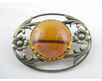Broche vintage de plata de ley con forma de dragón y cabujón de cristal floral, 7,3 g