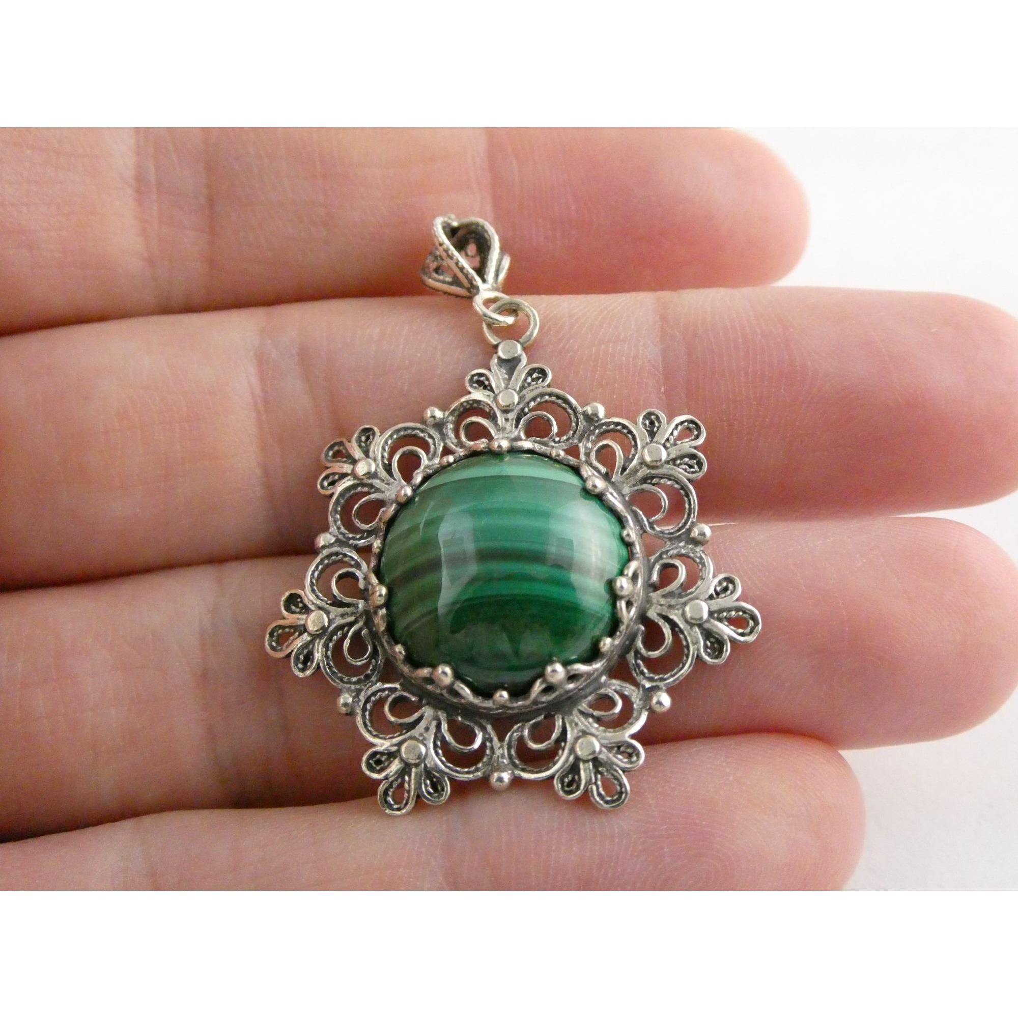 Jaja Filigranist Turkey Sterling Silver Malachite Pendant 925 8.4g