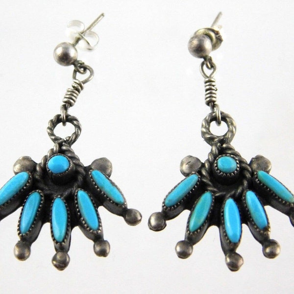 Judy Wallace Zuni Petit Point Pierced Drop Turquoise Sterling Silver Earrings