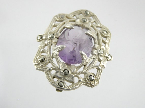 Broche Ancienne Argent Filigranée Style Art Déco - Strass Bleu Et Marcassites