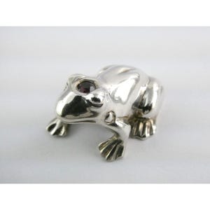 May include: A small, silver frog figurine with a polished finish. The frog has a pair of dark red gemstone eyes and is posed with its front and back feet extended. The figurine is set against a plain white background.