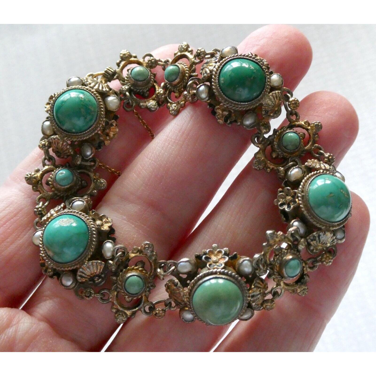 Vintage Swedish Gilt Sterling Silver Turquoise and Pearl Bracelet