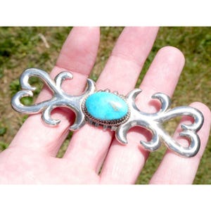 Southwestern Unmarked Sterling Silver Turquoise Brooch Sandcast Pin 23.7g 3.5 In