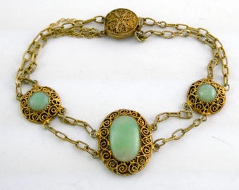 Vintage Chinese Export Gilt Silver Filigree Jade Multi Chain Bracelet 6 Inch 5g