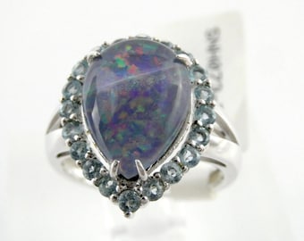 Sterling Silver Opal Triplet Blue Topaz Halo Ring 925 Size 7.25 4.6g with Tag