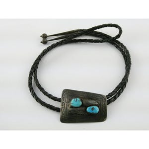 Southwestern Unmarked Sterling Silver Two Turquoise Bolo Tie 19 Inch Length 30g