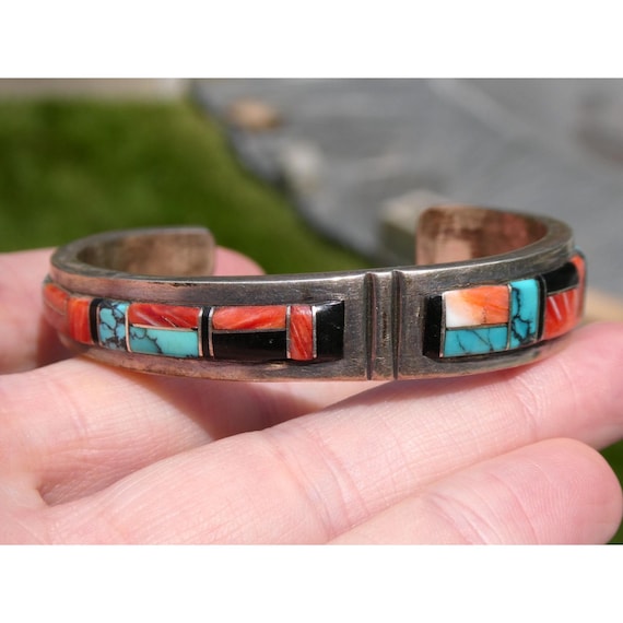 B Yazzie NA Navajo Sterling Silver Turquoise and Jet Inlay Cuff