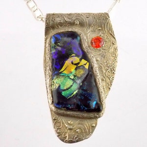 Artisan Sterling Silver Dichroic Glass Red Orange Garnet Pendant Necklace 925