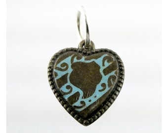 Vintage Sterling Silver Blue Enamel Puffy Heart Charm or Pendant .75 In Length