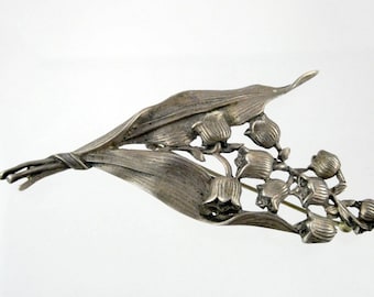 Vintage Art Nouveau Sterling Silver Lily of the Valley Flower Brooch Pin 4 Inch