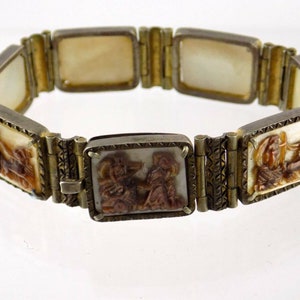 Antique Victorian 800 Silver Carved Shell 7 Days Roman Gods Bracelet 6.5 Inches