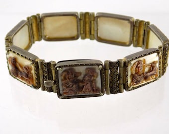 Antique Victorian 800 Silver Carved Shell 7 Days Roman Gods Bracelet 6.5 Inches