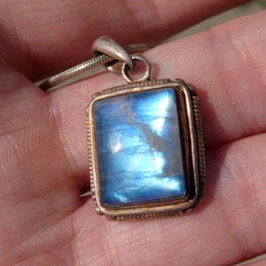 Vintage Sterling Silver Blue Moonstone Rectangular Cabochon Pendant Necklace 925