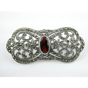 Designer Sterling Silver Red Garnet and Marcasite Accent Ornate Brooch Pin 12.3g