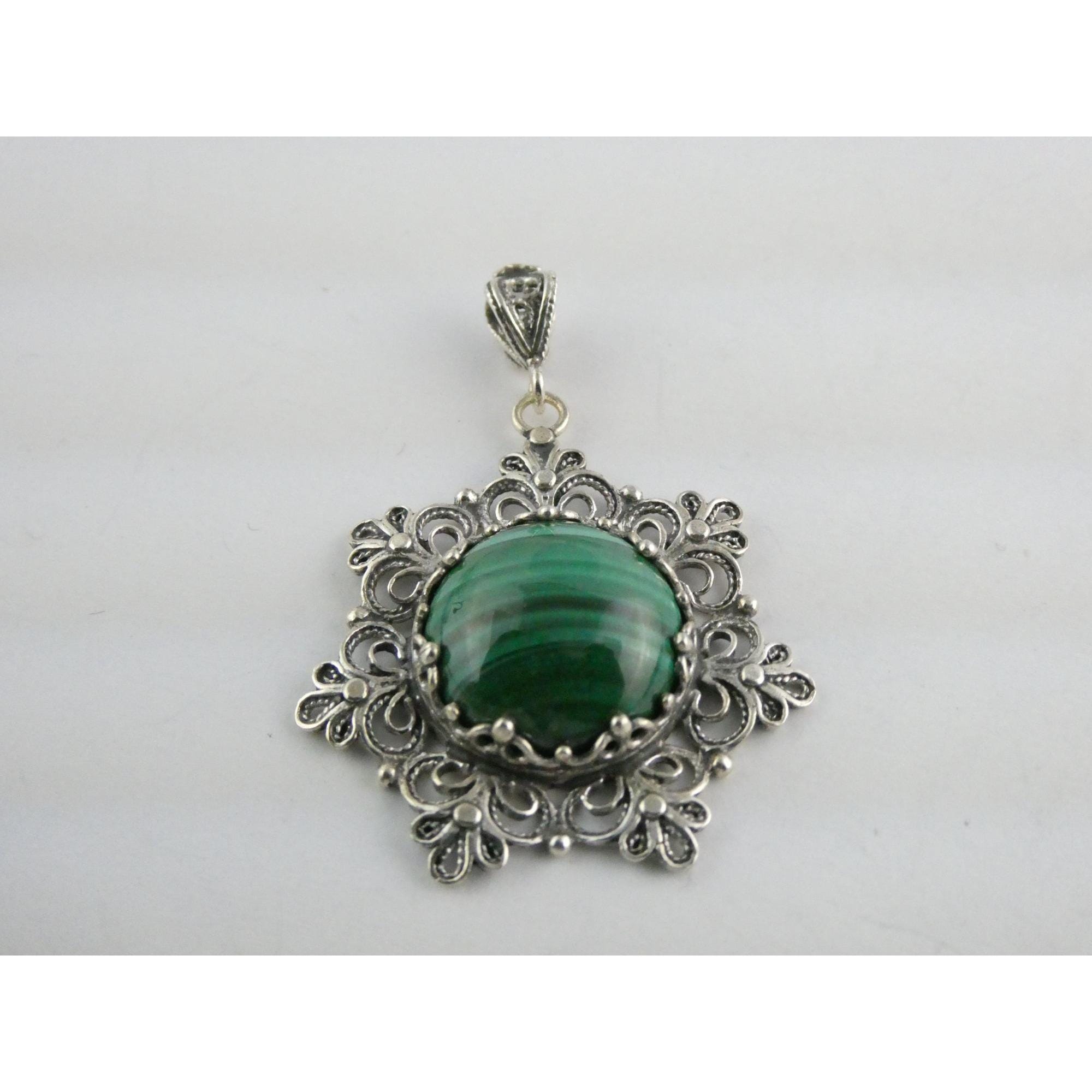 Jaja Filigranist Turkey Sterling Silver Malachite Pendant 925 8.4g
