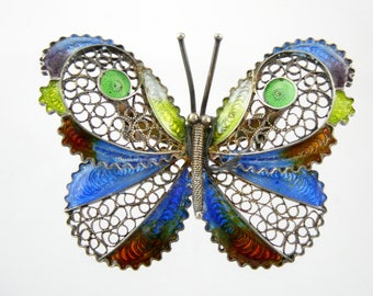 Vintage Chinese Export Gilded 800 Silver Enamel Butterfly Pin or Brooch 6.7g