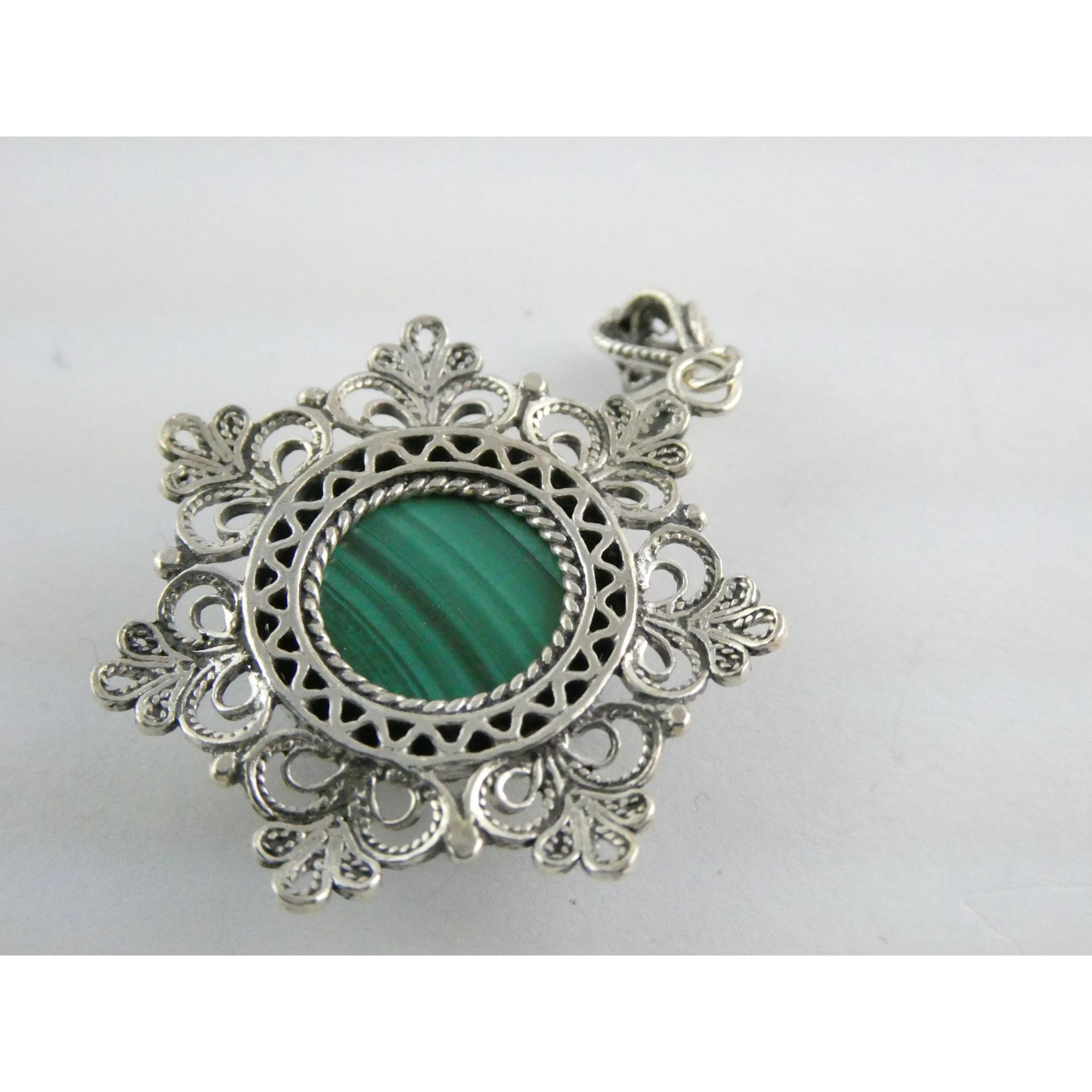 Jaja Filigranist Turkey Sterling Silver Malachite Pendant 925 8.4g