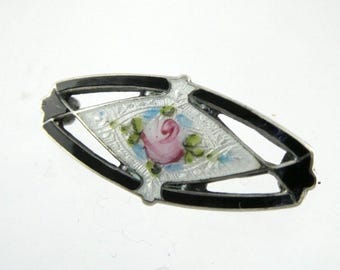 Broche vintage Frederick Hermann de plata de ley con esmalte guilloché y rosa