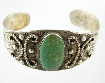 Vintage Southwestern Unmarkiert Sterling Silber Grün Türkis Manschette Armband 7 In