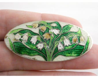 Antique England Lily Of The Valley Genuine Cloisonne Sterling Silver Pin Brooch