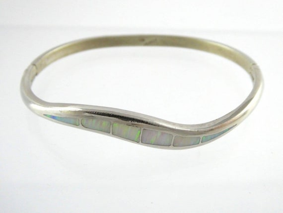 Mexico Sterling Silver Simulated White Opal Inlay… - image 1