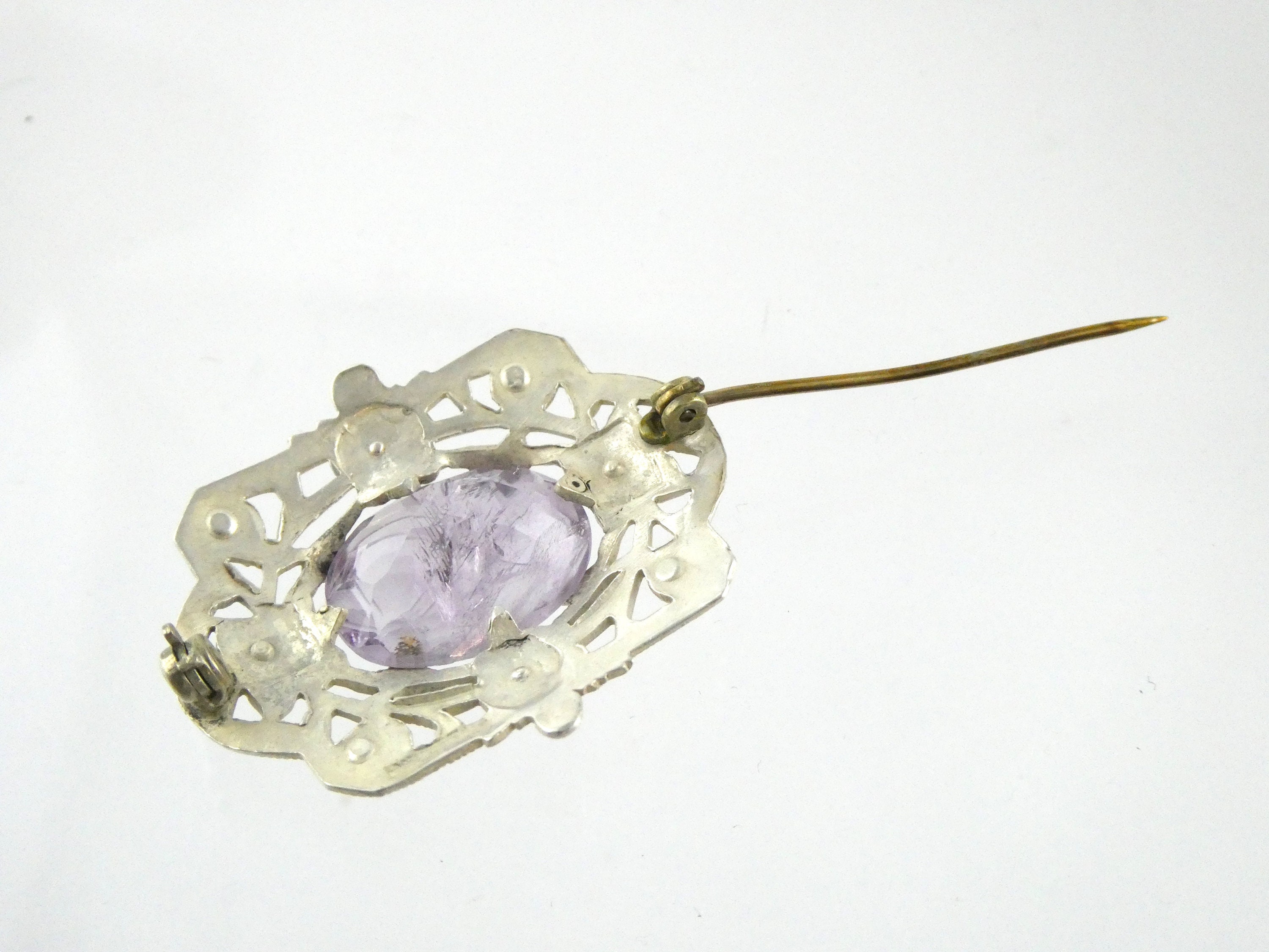 Broche Ancienne En Argent 925 Style Art Déco Avec Améthyste Et Marcassites - Excellent état
