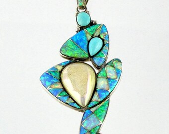 Sajen Sterling Silver Druzy Quartz Turquoise and Opal Pendant 925 3.25 Inches