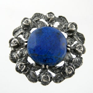 Art Deco Wachenheimer Sterling Silver and Lapis Roses Pin Circle Brooch 925 4.8g