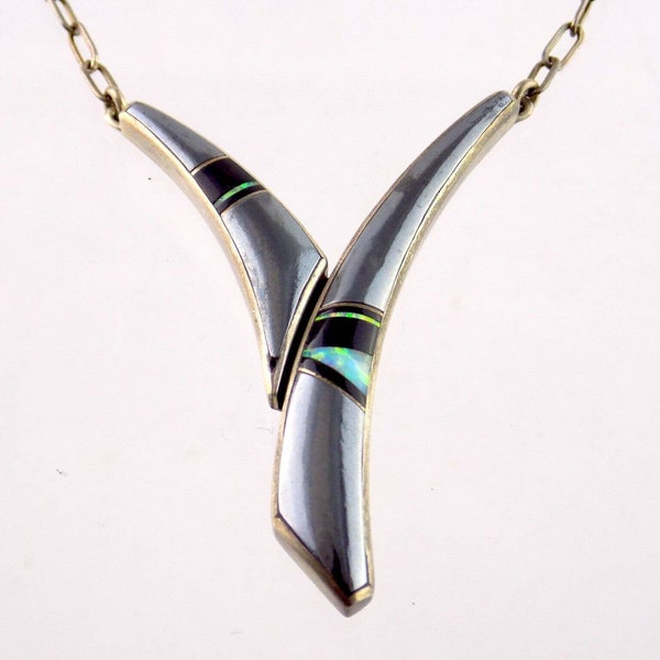 Kary Begay NA Navajo Hämatit Opal Onyx Inlay Anhänger Halskette Sterling Silber