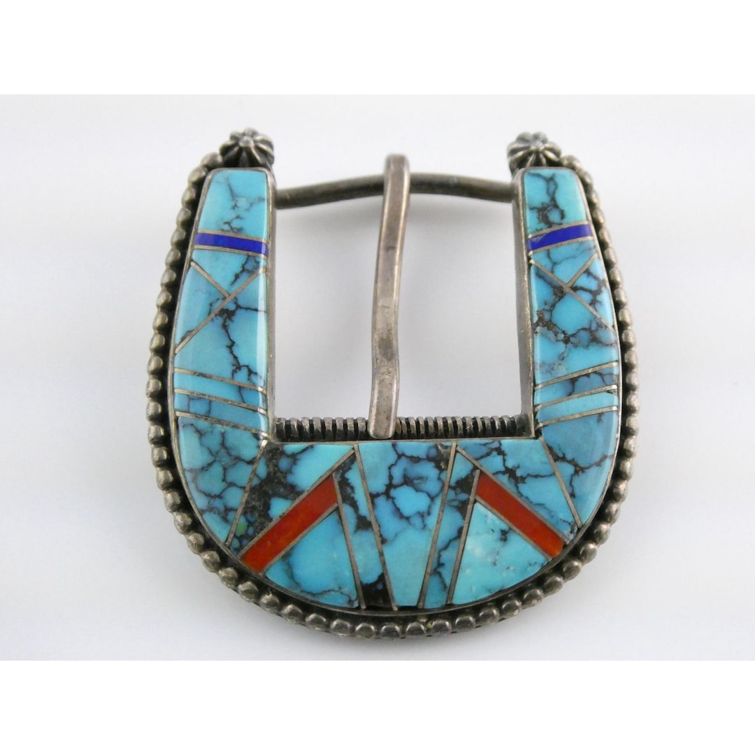 NA Zora Joe Zuni Sterling Silver Turquoise Lapis Coral Inlay Belt