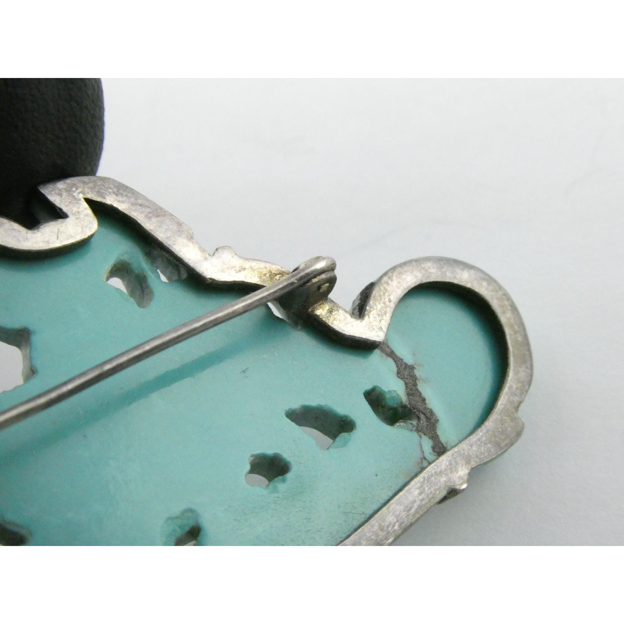 Broche Pendentif Vintage En Argent Avec émaux Turquoise - Chine Export - Occasion