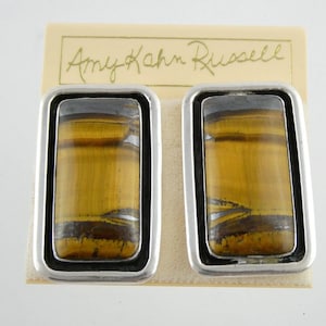 Amy Kahn Russell Sterling Silver Tigers Eye Clip on Earrings 38.5g 925 with Back