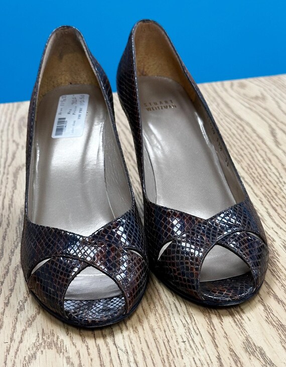 Stuart Weitzman Python Platform Peep-Toe Heels Sz… - image 1