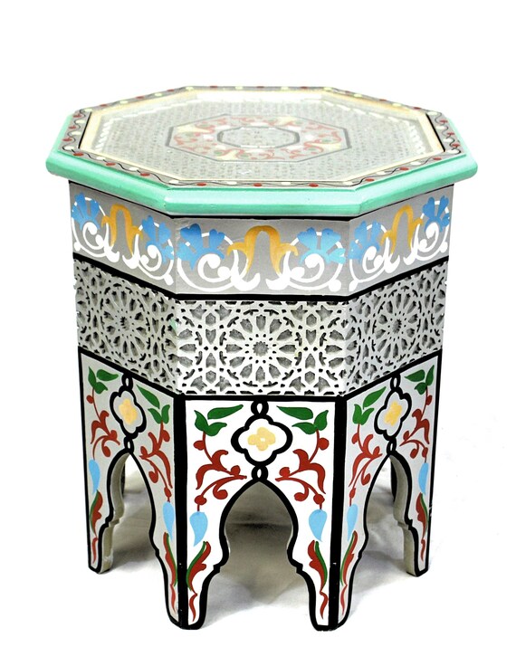 Moroccan Carved and Painted Silver Octagon Table