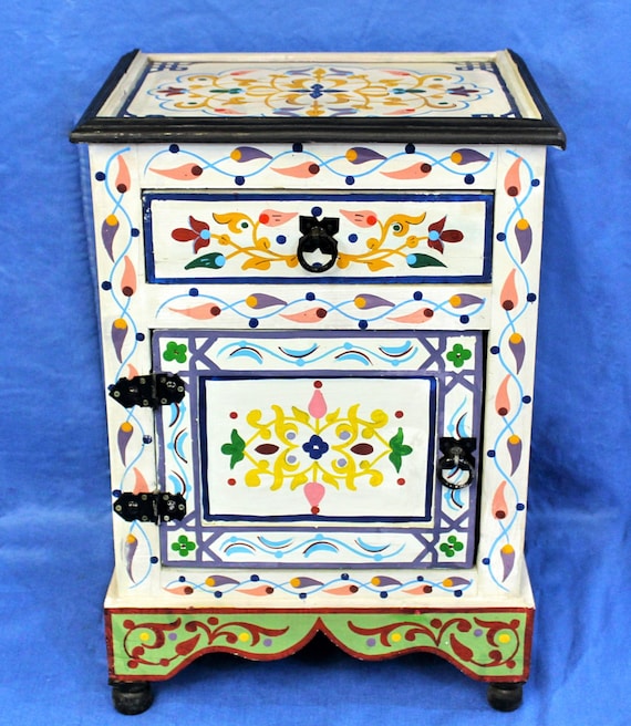 Moroccan Painted Nightstand White with 1 drawer and 1 door