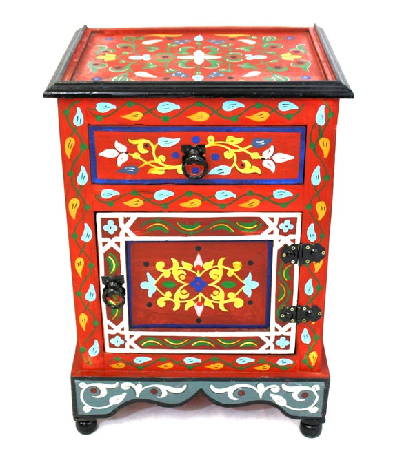 Red Painted Nightstand 1 Drawer 1 Door Moroccan Handmade Furniture