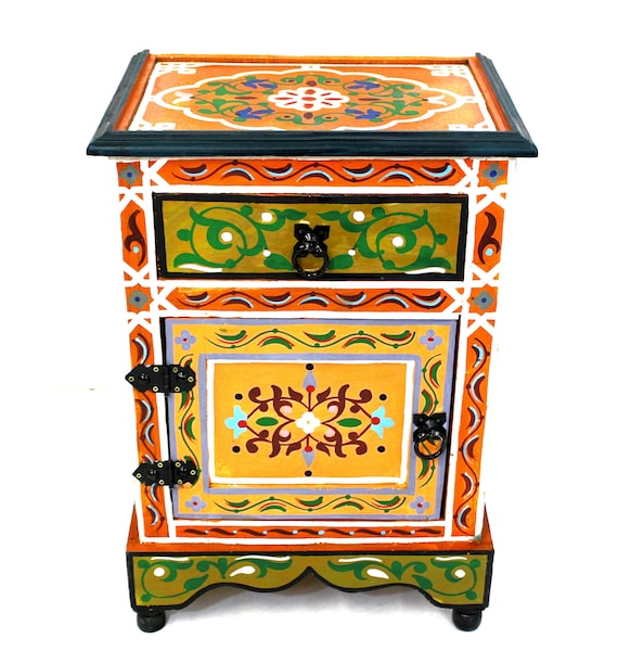 Moroccan Painted Nightstand Orange with 1 drawer and 1 door