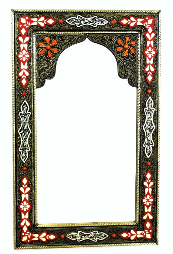 Moroccan Wall Mirror Red White Camel Bone Inlay Handmade Authentic