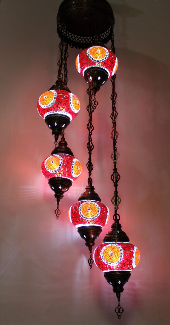 Mosaic Ceiling Lamp Spiral of 5 Globes Red