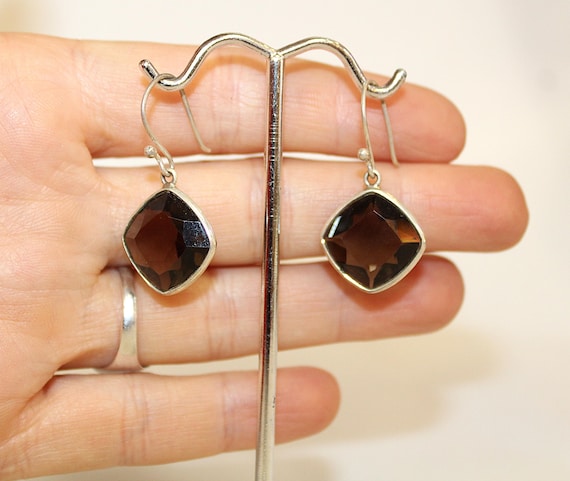 925 Sterling Silver Earrings with Smoky Quartz Natural Stone Deep Brown Color
